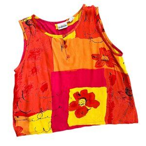 Vintage Novelty Floral Print 100% Rayon Sleeveless Blouse 8